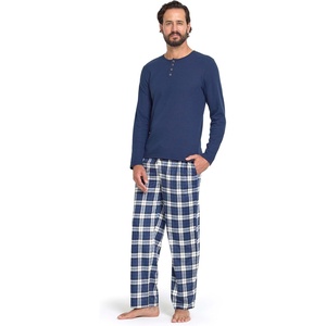 image:imageDOCKERS Mens Pajama Sets Plaid PJ Lounge Set Long Sleeve Shirt and PantsNavyCream