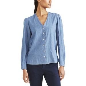 image:imageDockers Womens Classic Fit Long Sleeve VNeck ShirtLight Wash Blue  Chambray Print Twill