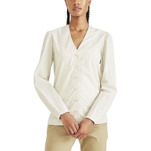 image:imageDockers Womens Classic Fit Long Sleeve VNeck ShirtShara Khaki  Grove Print Poplin