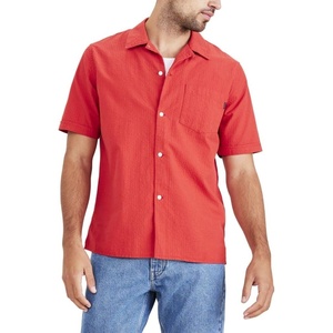 image:imageDockers Mens Regular Fit Short Sleeve Camp Collar ShirtCherry Bomb Red  Solid Seersucker